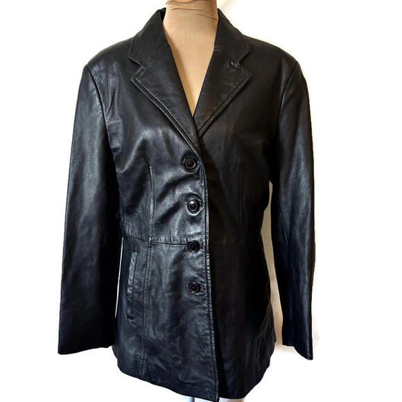 Wilsons Black Leather Jacket Coat Blazer Mid Length Size M